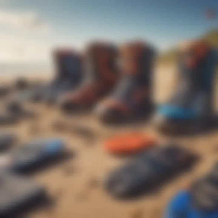 An array of various kiteboarding boots laid out on a sandy beach, highlighting material differences.