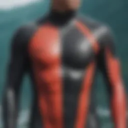 Detailed view of a wetsuit showcasing its anatomical design and stitching.