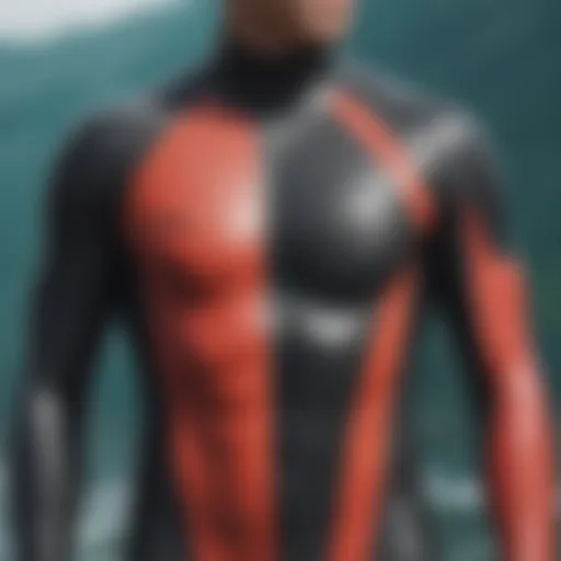 Detailed view of a wetsuit showcasing its anatomical design and stitching.