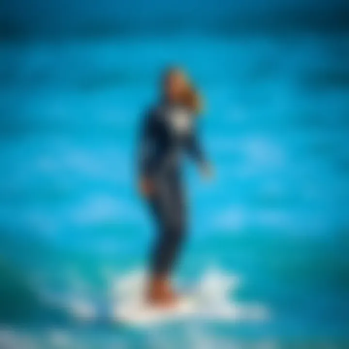 Wetsuit Fit and Surfing A tall woman in a well-fitted wetsuit standing on a surfboard