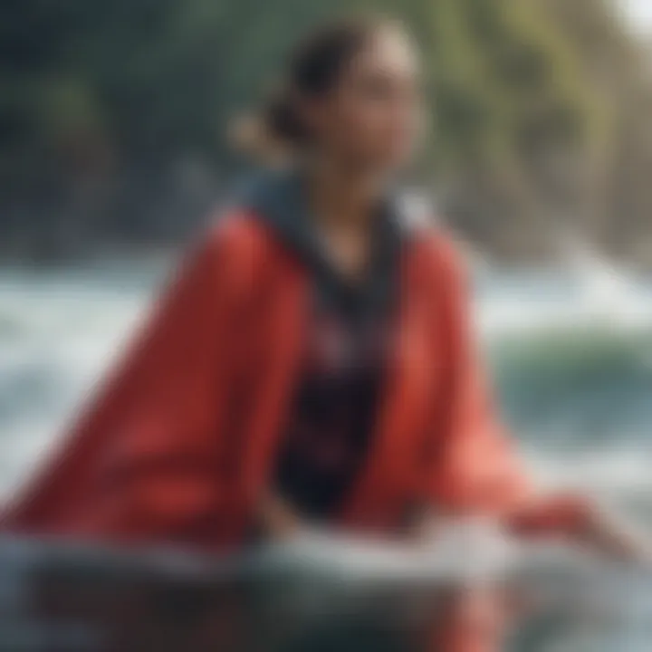 Athletic woman wearing a changing poncho by the water